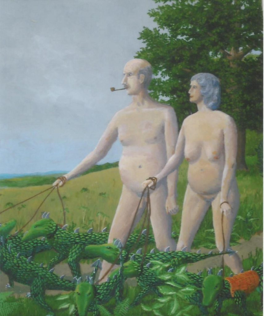 Two Middle-aged Naturists taking their pet wyverns for a walk